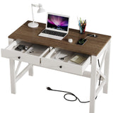 ChooChoo Farmhouse Desk with USB Charging Ports and Power Outlets, 39" Computer Desk with Drawers, Small Study Writing Table with Stable X Frame for Home Office ChooChoo