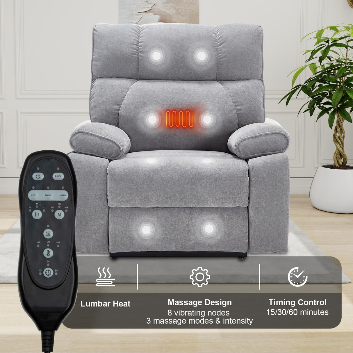 RHHVVR Oversized Power Lift Recliner Chair with Massage and Heating, 24.8" W Big Lay Flat Lift Recliner for Elderly, Medium-Firm Electric Recliners with Hidden Cup Holders,Gray RHHVVR