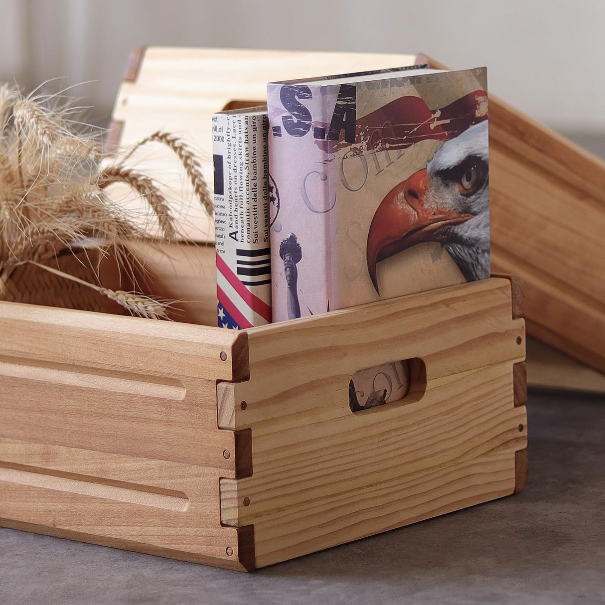 KLZLQ-XINCHEN 1 Pack Wooden Storage Bin of 16"x12"x6.25".Durable Open Solid Wood Box w/Handles.Farmhouse Container Shelf Baskets. Multipurpose Home Décor Organizer Crates for Display,Pantry,Book,CD KLZLQ-XINCHEN