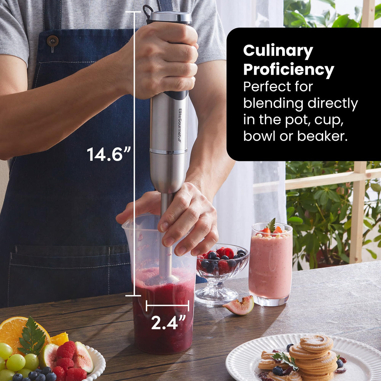 Elite Gourmet EHB1062 Variable Step-less Speed Immersion Hand Blender 500 Watts with Turbo, Stainless Steel Blades, Pressure Controlled Stick Mixer, Sauces, Soup, Smoothies, Baby Food, Stainless Steel Elite Gourmet