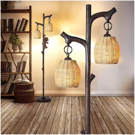 68" High Farmhouse Rustic Country Cottage Floor Lamp Tree Trunk Faux Wood Column Dark Bronze Wicker Drum Shade Decor for Living Room Bedroom Reading Room Scenekoy
