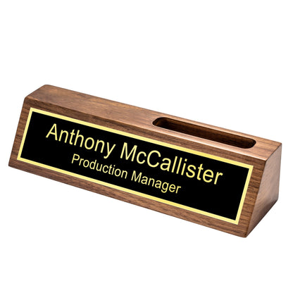 Custom Name Plate for Desk with Card Holder, Business Wood Desktop Name Holder Personalized, Office Desk Gold Decor Accessories, Gifts for Colleague - WoodArtSupply