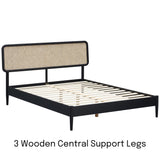NTC Lupin Wooden Bed Frame with Headboard and Natural Rattan, Solid Oak Foundation with Silent Slats, 1000 Lb Capacity, Effortless Assembly, King - Burnt Black NTC
