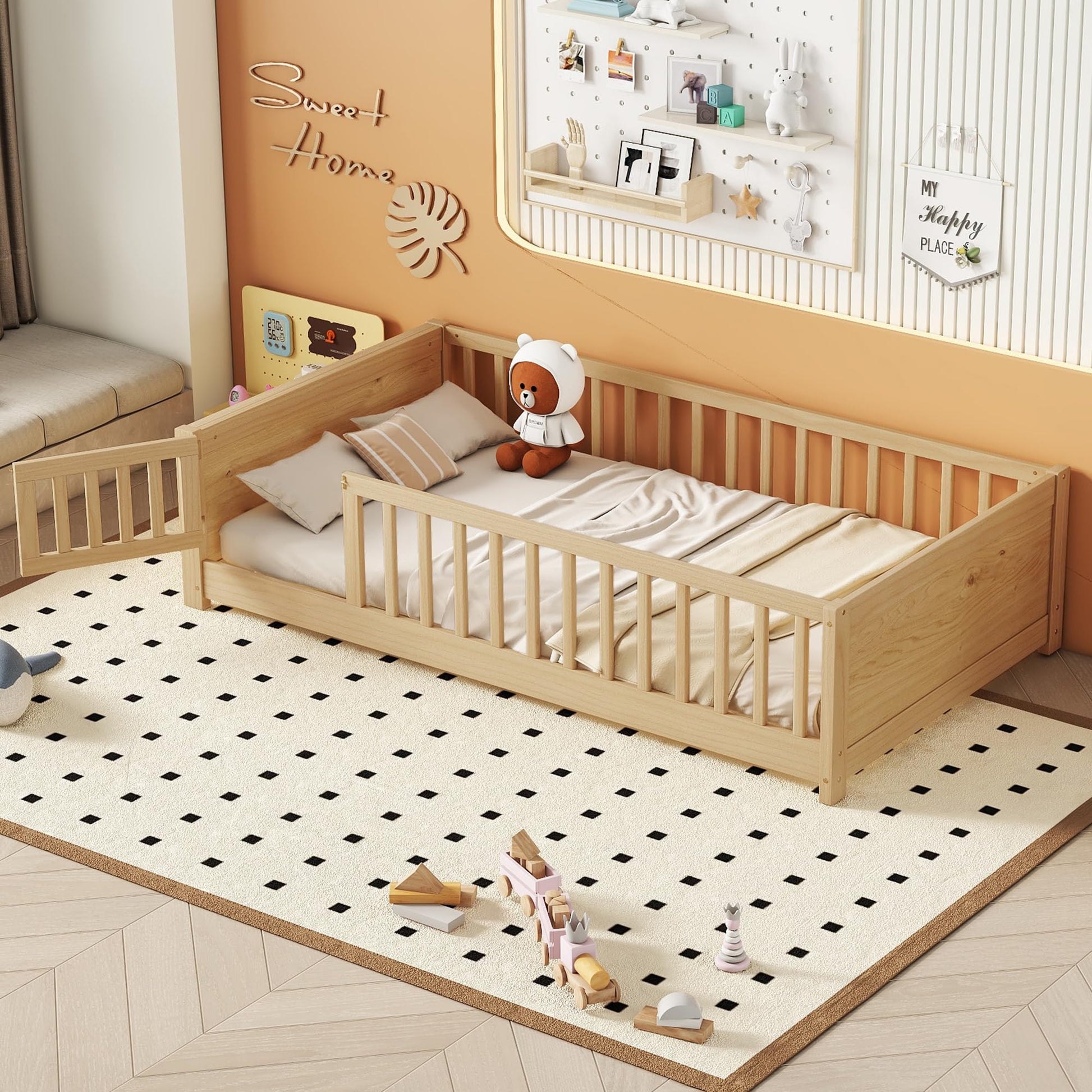 Mirightone Twin Size Montessori Floor Bed with Rails and Storage Bookcase in Natural - WoodArtSupply