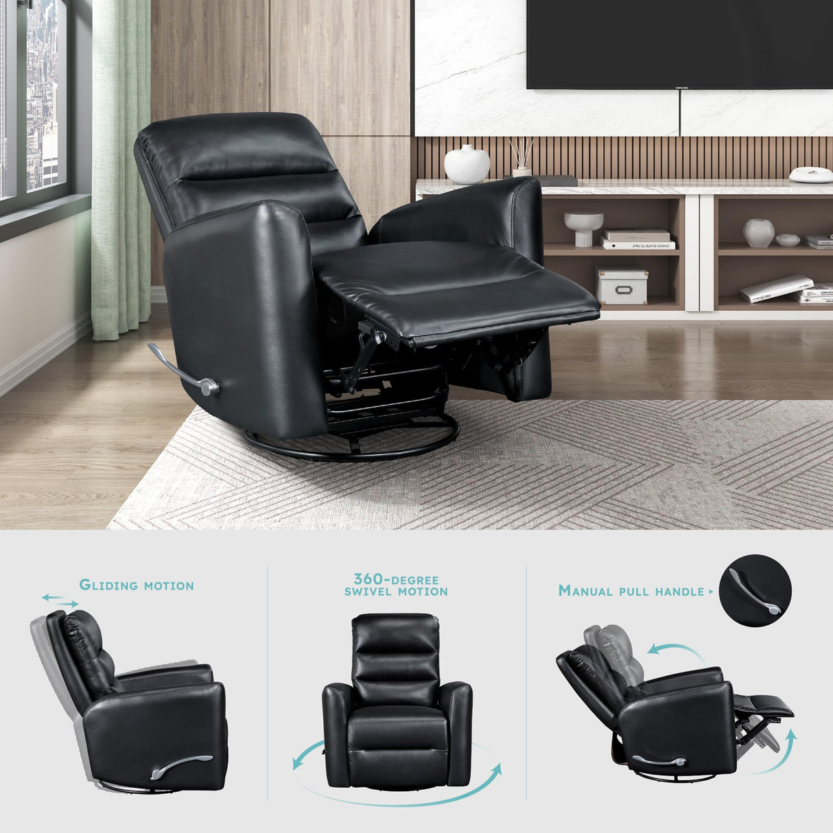 Lexicon Swivel Glider Recliner Chair, Comfy Nursery Glider, Faux Leather Recliner, Manual Reclining Chair for Living Room/Office/Apartment, Black Lexicon