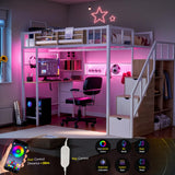 Kikihouse Full Size Loft Bed with Desk and Stairs, Headboard, Wardrobe, Bedside Storage Shelf, 6 Drawers, Charging Station & LED Light, Metal Gaming Loft Bed Frame for Adult Space-Saving Kikihouse