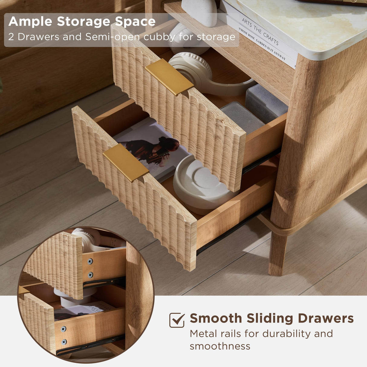 T4TREAM Fluted Nightstand with Charging Station, 18" Modern Side Table with Faux Marble Top, 2 Drawers End Table w/Storage, Bedside Table for Bedroom, Living Room, Curved Profile Design, Natural Oak T4TREAM