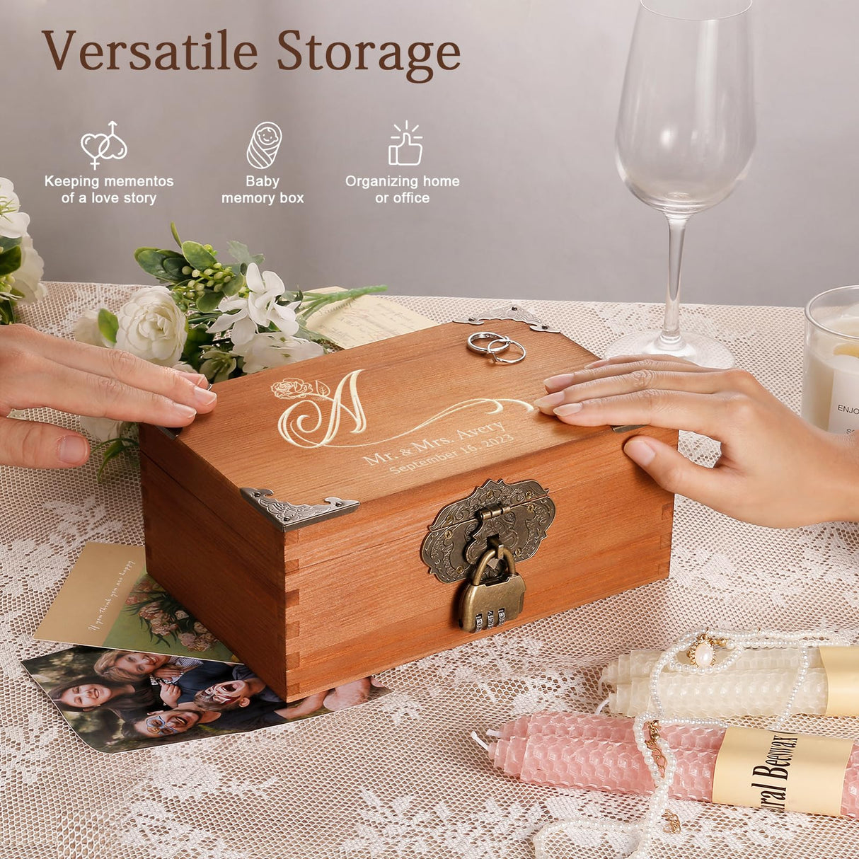 TUKDAK Personalized Wedding Keepsake Box with Lock, Wooden Decorative Memory Box, Photo Storage Box, Anniversary Engagement Bridal Christmas Gift for TUKDAK