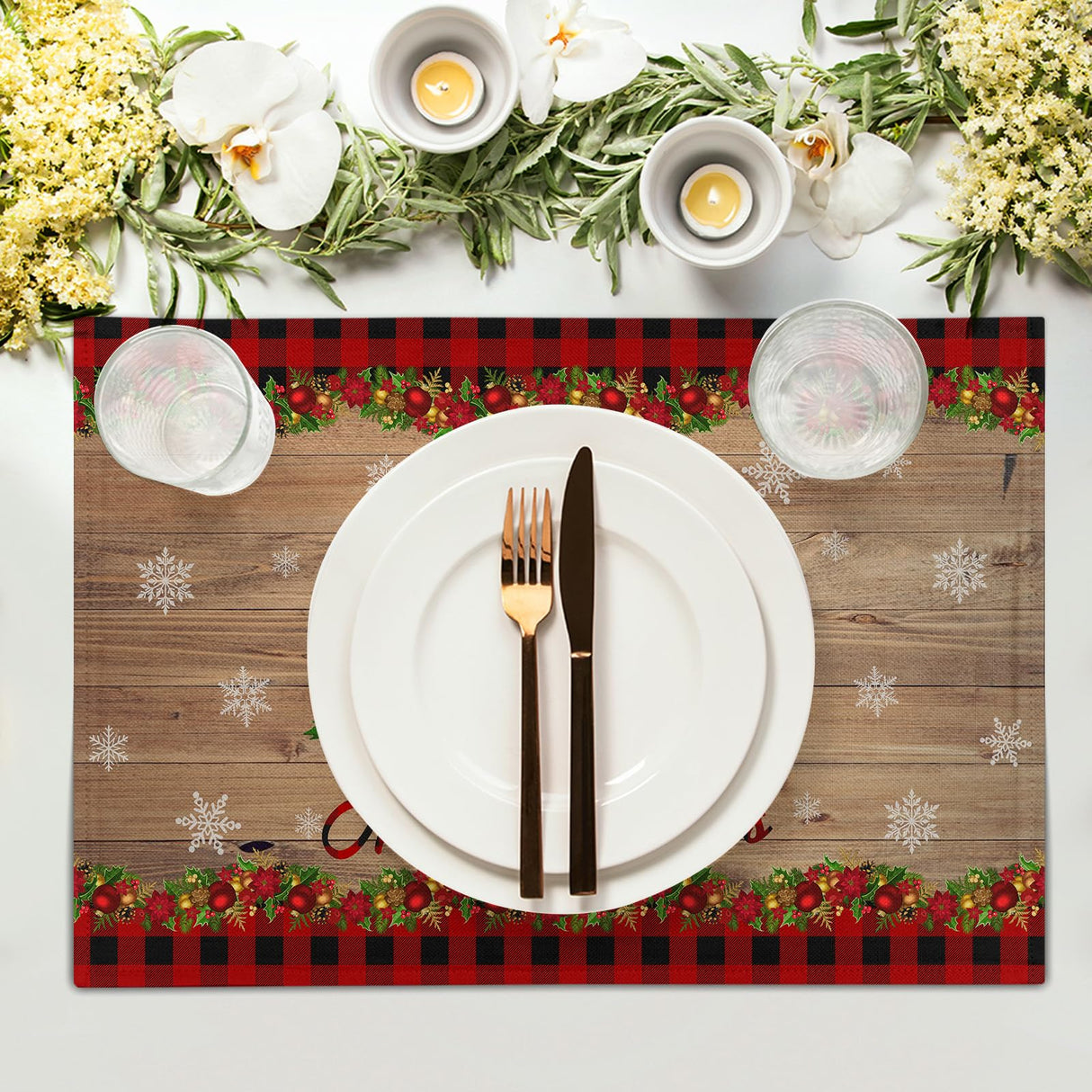 Merry Christmas Placemats Set of 4 18" x 12", Winter Xmas Tree Snowflake Red Plaid Table Mats Heat-Resisting Non Slip Reversible Burlap Coffee Place Mats for Party Dining Table Kitchen Decor Sweetshow