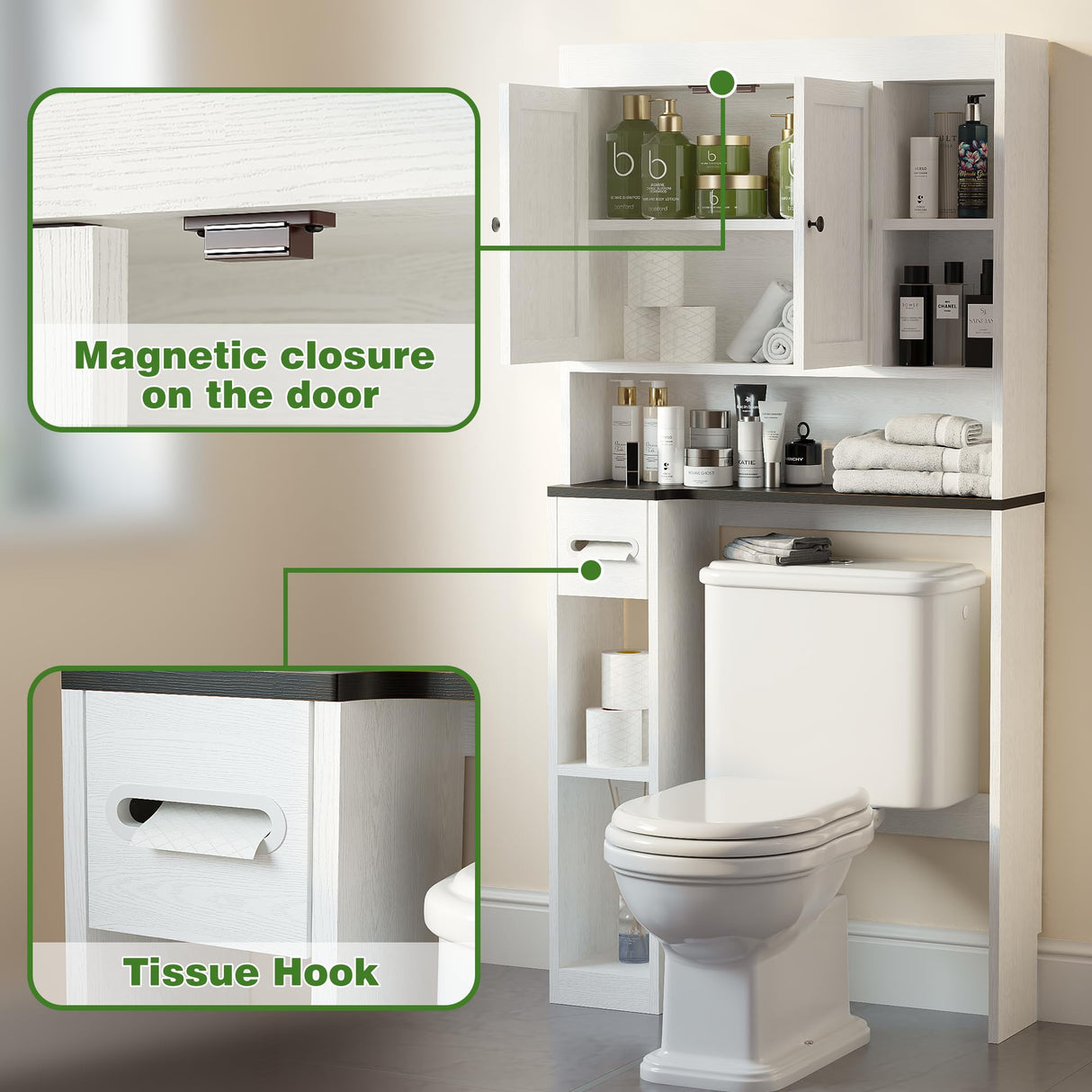 Nivisre Over The Toilet Storage Cabinet with 7 Shelves, Imitation Walnut Grain Above Toilet Bathroom Organizer with Toilet Paper Holder Stand, Space Saver for Restroom, Bathroom, Laundry (White) Nivisre