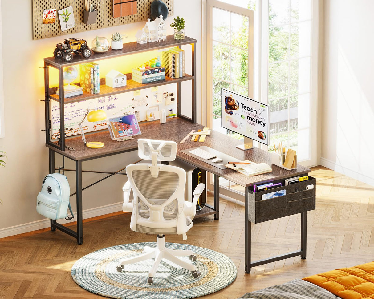 AODK L Shaped Desk Gaming Desk with LED Light & Power Outlet, 53 Inch Reversible L Shaped Computer Desk with Shelf, Corner Desk with Storage Bag&Hook for Home Office Desk, Grey Oak AODK