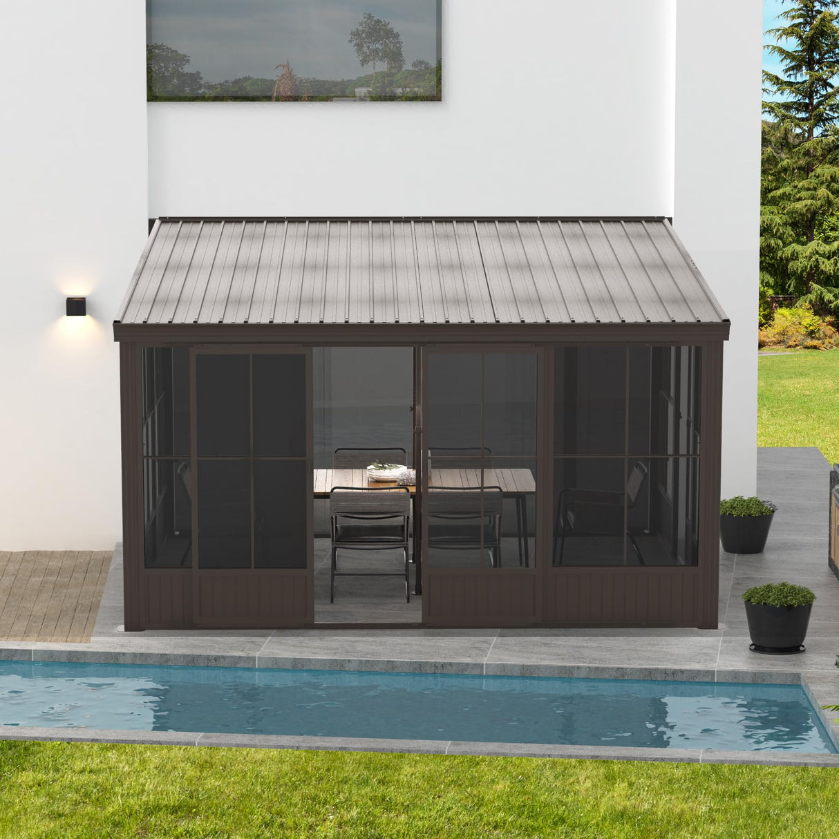 Domi 10x12FT Sunroom Gazebo,Solarium Aluminum Wall Mounted Gazebo with Galvanized Steel Sloping Roof,Lockable PC Screen House,with Front Door&Side Sliding Door,Lean to Gazebo for Patio Deck Lawn domi outdoor living