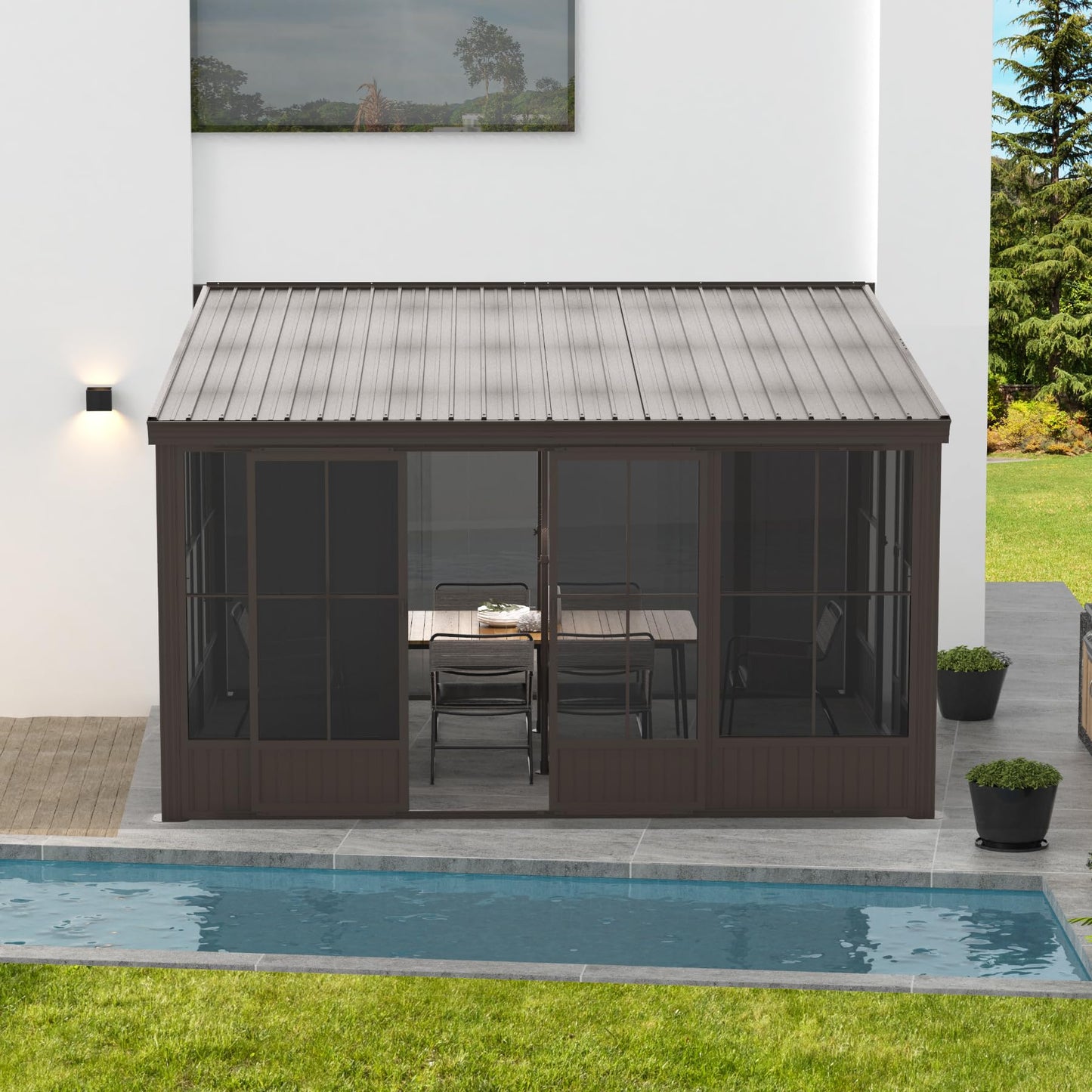 Domi 10x12FT Sunroom Gazebo,Solarium Aluminum Wall Mounted Gazebo with Galvanized Steel Sloping Roof,Lockable PC Screen House,with Front Door&Side Sliding Door,Lean to Gazebo for Patio Deck Lawn