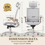 GABRYLLY Ergonomic Office Chair, High Back Home Desk Chair with Flip-Up Arms, Headrest, 90-120° Tilt and Wide Cushion, 400LBS White Mesh Chair for Work Gaming Study (GY01-NT, Woodgrain Pattern) GABRYLLY