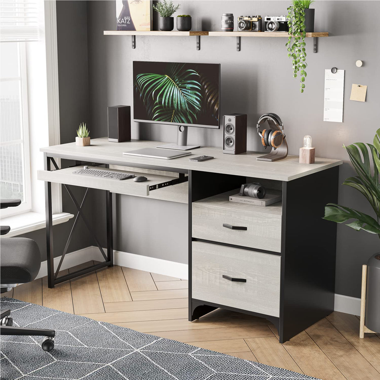 Bestier Office Desk with Drawers, 55 inch Industrial Computer Desk with Storage, Wood Teacher Desk with Keyboard Tray & File Drawer for Home Office, Wash White Bestier