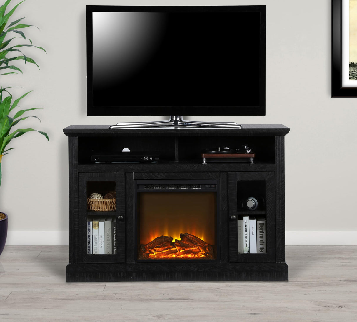 Ameriwood Home Chicago Fireplace TV Stand for TVs up to 50 Inch, Replaceable Electric Fireplace Insert Heater, Realistic Log and Flame Effect, For Living Room or Bedroom, Black Oak Ameriwood Home