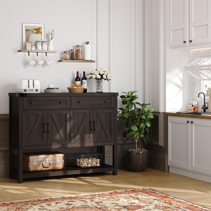 HOSTACK Buffet Sideboard Cabinet with Storage, 47.2" Modern Farmhouse Coffee Bar with 2 Drawers, Barn Door Console Table with Shelf for Kitchen, Dining Room, Living Room, Entryway (Dark Brown - WoodArtSupply