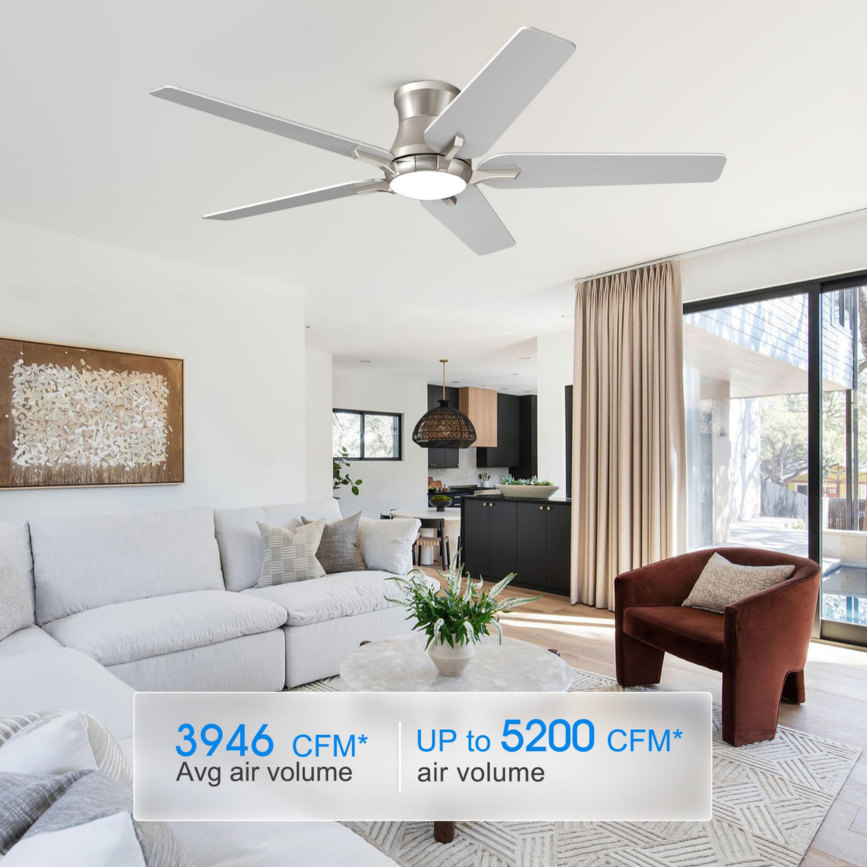 POCHFAN 52 Inch Ceiling Fans With Lights and Remote, Brushed Nickel Flush Mount Low Profile Ceiling Fan for Bedroom, Living Room, Patio, Dimmable 6 Speeds Noiseless Reversible POCHFAN