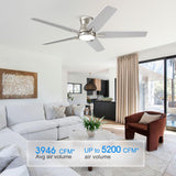 POCHFAN 52 Inch Ceiling Fans With Lights and Remote, Brushed Nickel Flush Mount Low Profile Ceiling Fan for Bedroom, Living Room, Patio, Dimmable 6 Speeds Noiseless Reversible POCHFAN