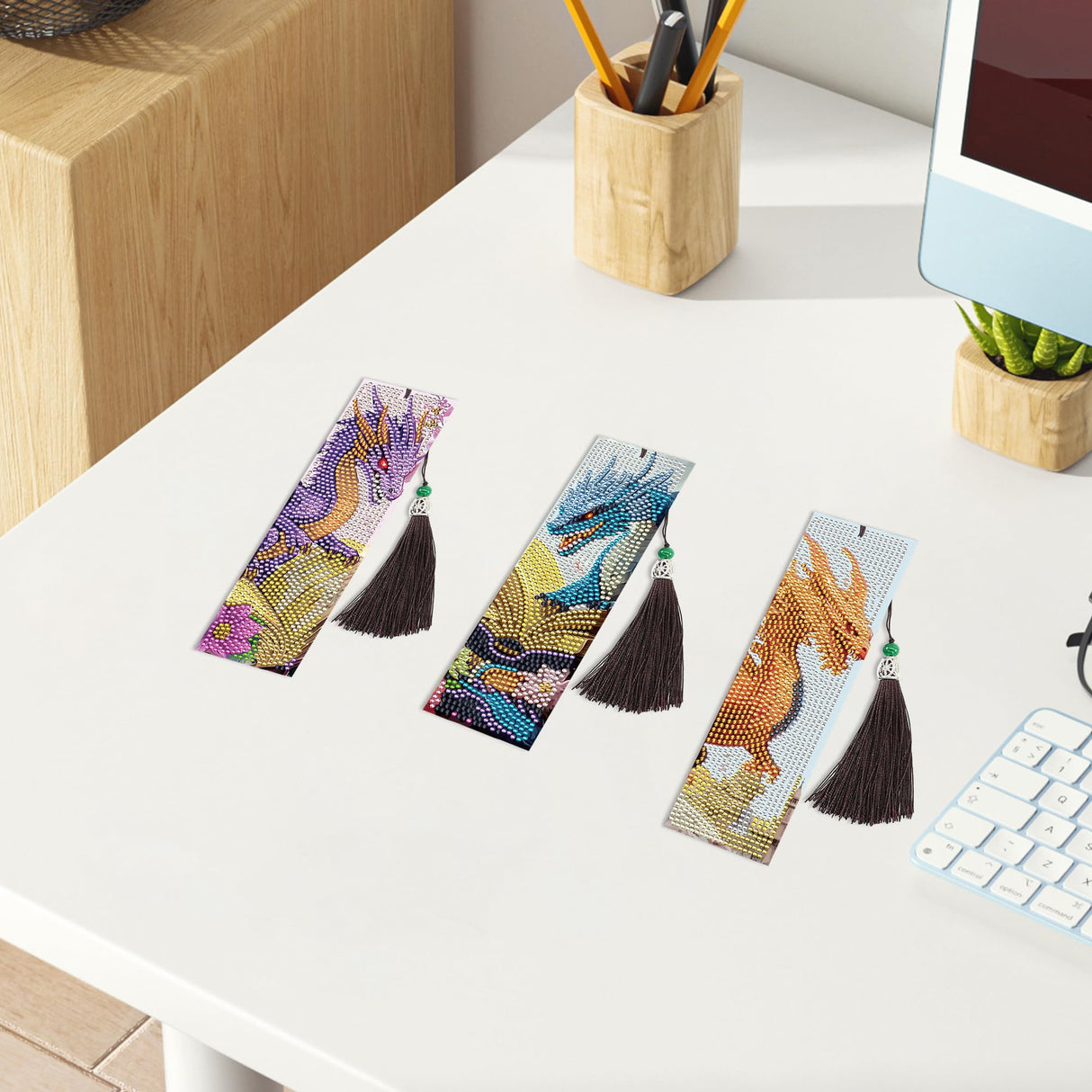 Dragon Diamond Art Bookmarks Kit: 8 Pcs Diamond Painting Bookmark with Tassels, Fantastic Dragon Book Marks for Book Lovers, Gifts for Reading Men DIY Crafts CRASHOT