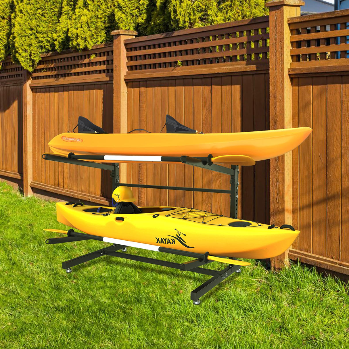 LotFun Kayak Storage Rack, Freestanding Heavy Duty Adjustable Kayak Stand Indoor Outdoor Storage Rack Garage, with Wheels and Foot Pad, for Kayaks, SUPs, Canoes, Surfboard(2 Levels) LotFun