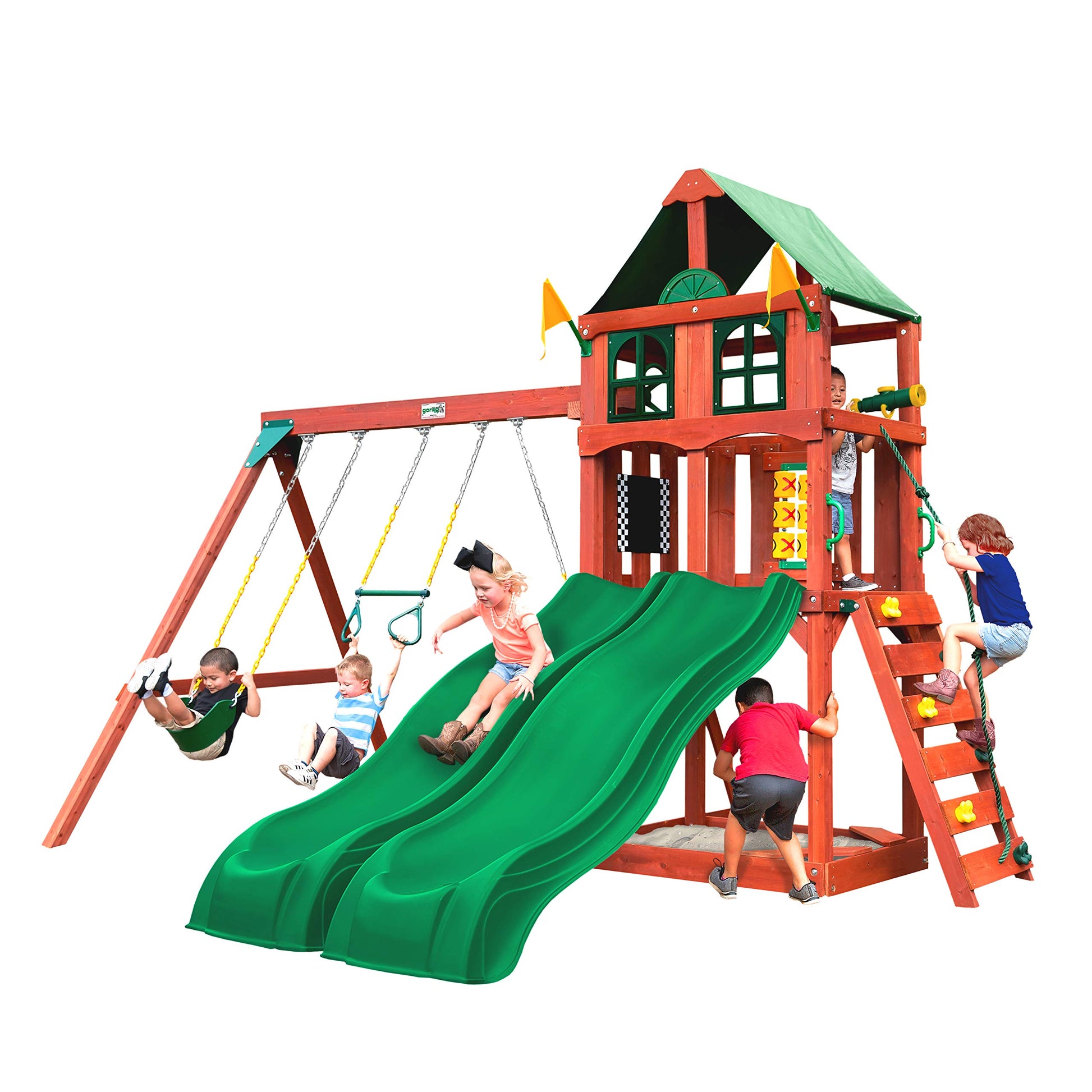 Gorilla Playsets 01-1057 Playmaker Deluxe Wooden Swing Set with Vinyl Canopy Roof, Dual Wave Slides, and Rock Climbing Wall, Redwood Stained Cedar (Amazon Exclusive) - WoodArtSupply