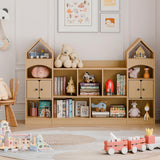 Vabches Castle Shape Children's Bookshelf, Kids Bookcase Display Case Kids Toy Storage Organizer Multifunctional Storage Cabinet Bookshelf Suitable for Playroom, Children's Room, Living Room, Oak Vabches