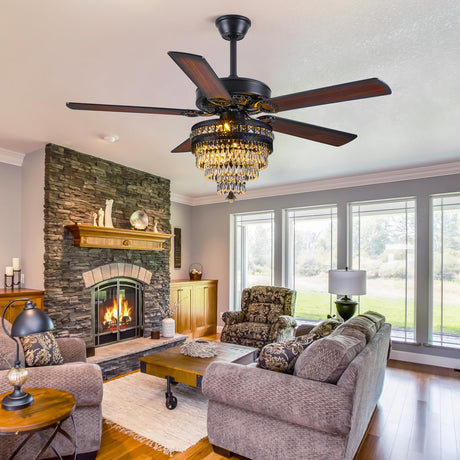 Crystal Ceiling Fan Fandelier with Lights - Modern Outdoor Fans with Remote Control，Noiseless AC Motor, Retro/Farmhouse Lighting, Dining Room， Living Room (52" Asyko