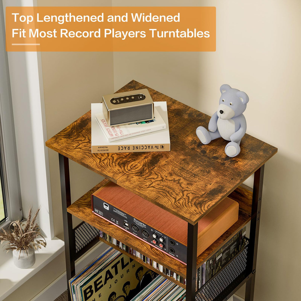 Huxitocan 4-Tier Record Player Stand with Storage for 100 Vinyl Records and 40 CDs, Turntables Holder for Living Room, Bedroom, Office Huxitocan