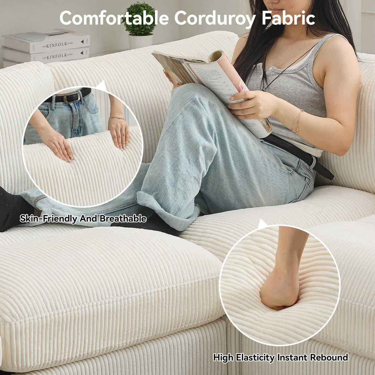 67'' Modular Loveseat Sofa, Extra Deep Seat Cloud Couch for Living Room, Corduroy Deep Seat Sofa with Armrest Pillows, Center Stitched, Beige Hatppto
