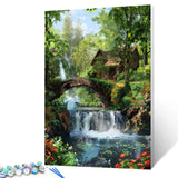 Tropical Frorest Waterfall Paint by Number for Adults Beginner,DIY Oil Painting Kits on Canvas with Brushes and Acrylic Pigment Abandoned Wooden House,Bridge Pictures Gifts 16x20 inch (Frameless) Tucocoo