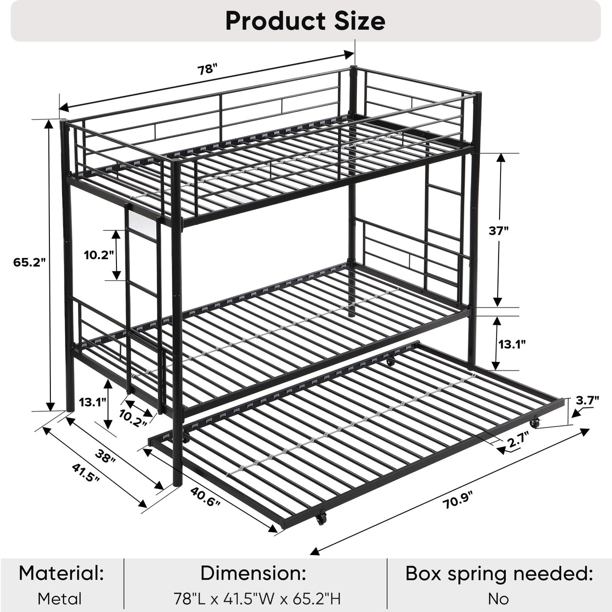 AEMSOFK Twin Over Twin Bunk Bed Frame with Trundle,Metal Bunk Bed Bedframe with Guard Rail and 2 Ladders for Adults,Can be Divided into 3 Beds, No Box Spring Needed,Space Saving Design AEMSOFK