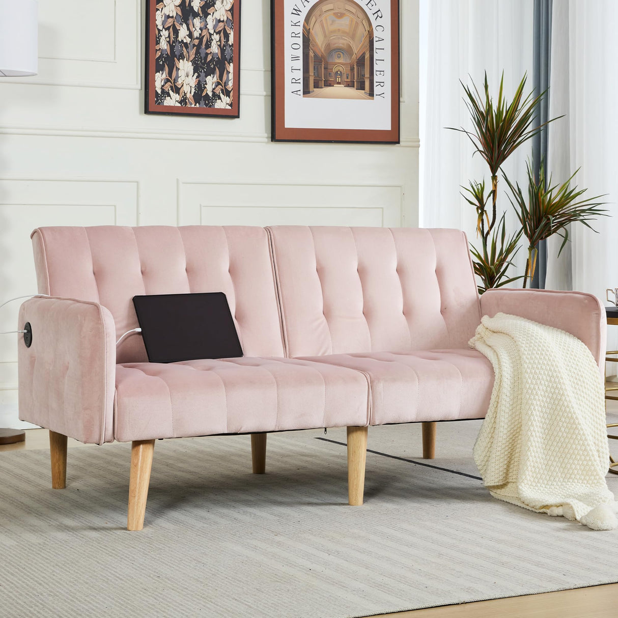 TYBOATLE 65" W Velvet Modern Convertible Folding Futon Couch Sofa Bed w/ 2 USB Charging Ports and arms, Loveseat for Compact Living Space, Dorm, Game Studio, Bonus Room, Apartment, Bedroom (Pink) TYBOATLE