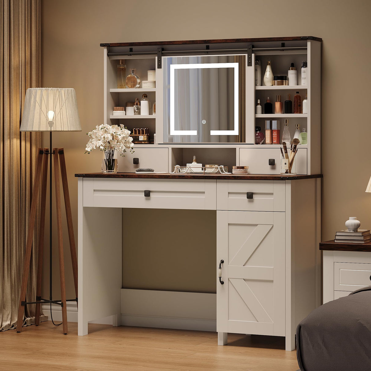 White Vanity with 4 Drawers & Shelves, 42.1'' Farmhouse Makeup Vanity Desk Featuring a Sliding Mirror and Lights, a Rustic Big Vanity Set Suitable for The Bedroom. wanan