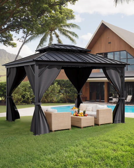 GarveeLife Hardtop Gazebo 10'x14' for All Weather, with Double Metal Roof, Aluminum Alloy Frame, Net, and Curtain, Permanent Building for Patio, Deck, Backyard, Lawn, and Garden, Gray GarveeLife