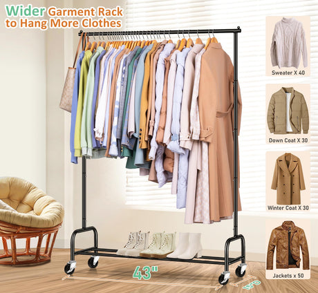 SLEEPING LAMB Heavy Duty Clothing Racks for Hanging Clothes Rack, 43" Wide Rolling Garment Rack Metal Clothing Hanger Rack with Wheels Wardrobe Rack for Coats, Shirts, Dress, (Black) SLEEPING LAMB