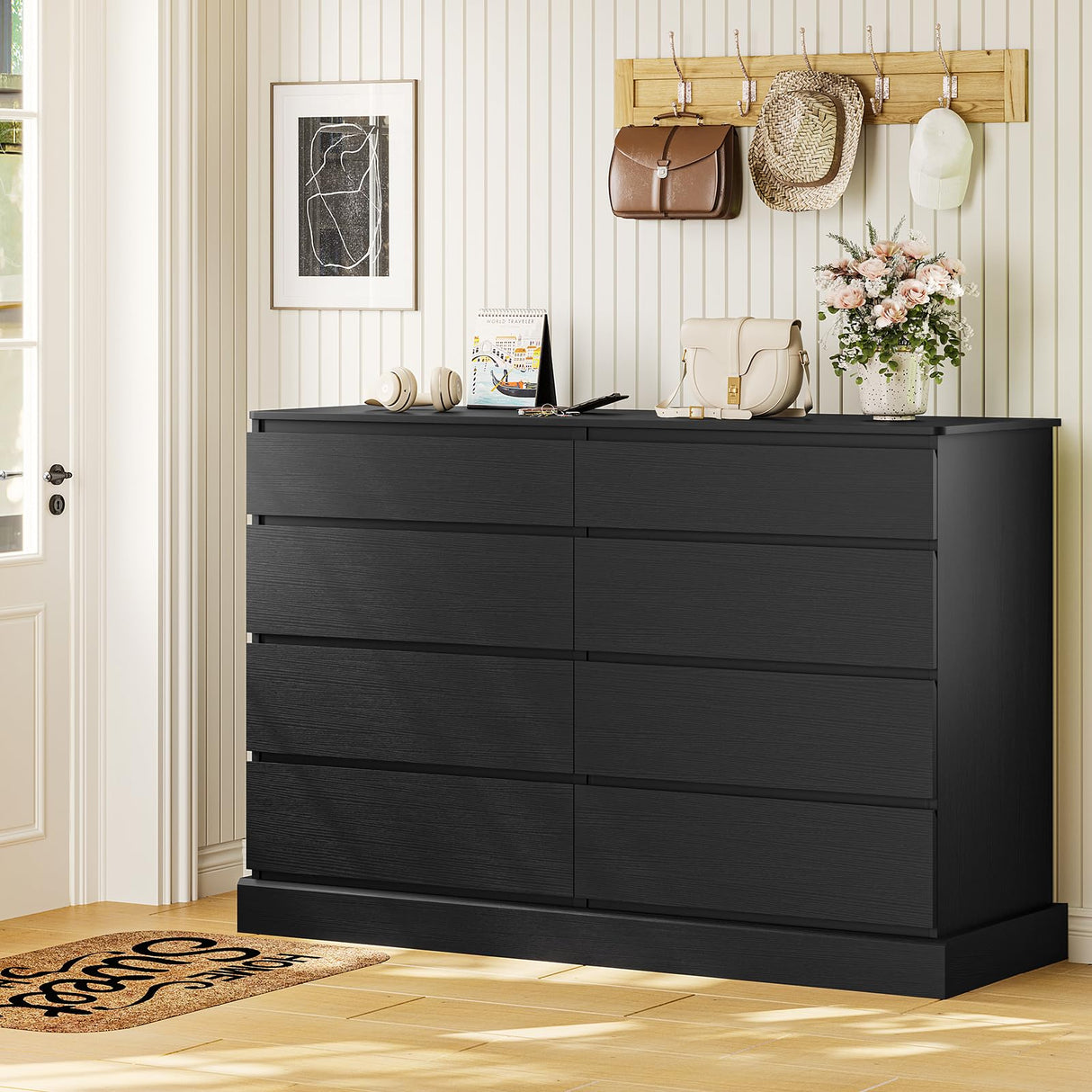 Hasuit Black Dresser for Bedroom, Long Dresser with 8 Drawers, 51.5''W Wooden Dresser Chest of 8 Drawers, Large Capacity Clothing Storage Cabinet, Wide Dresser for Bedroom Living Room Entryway Hasuit