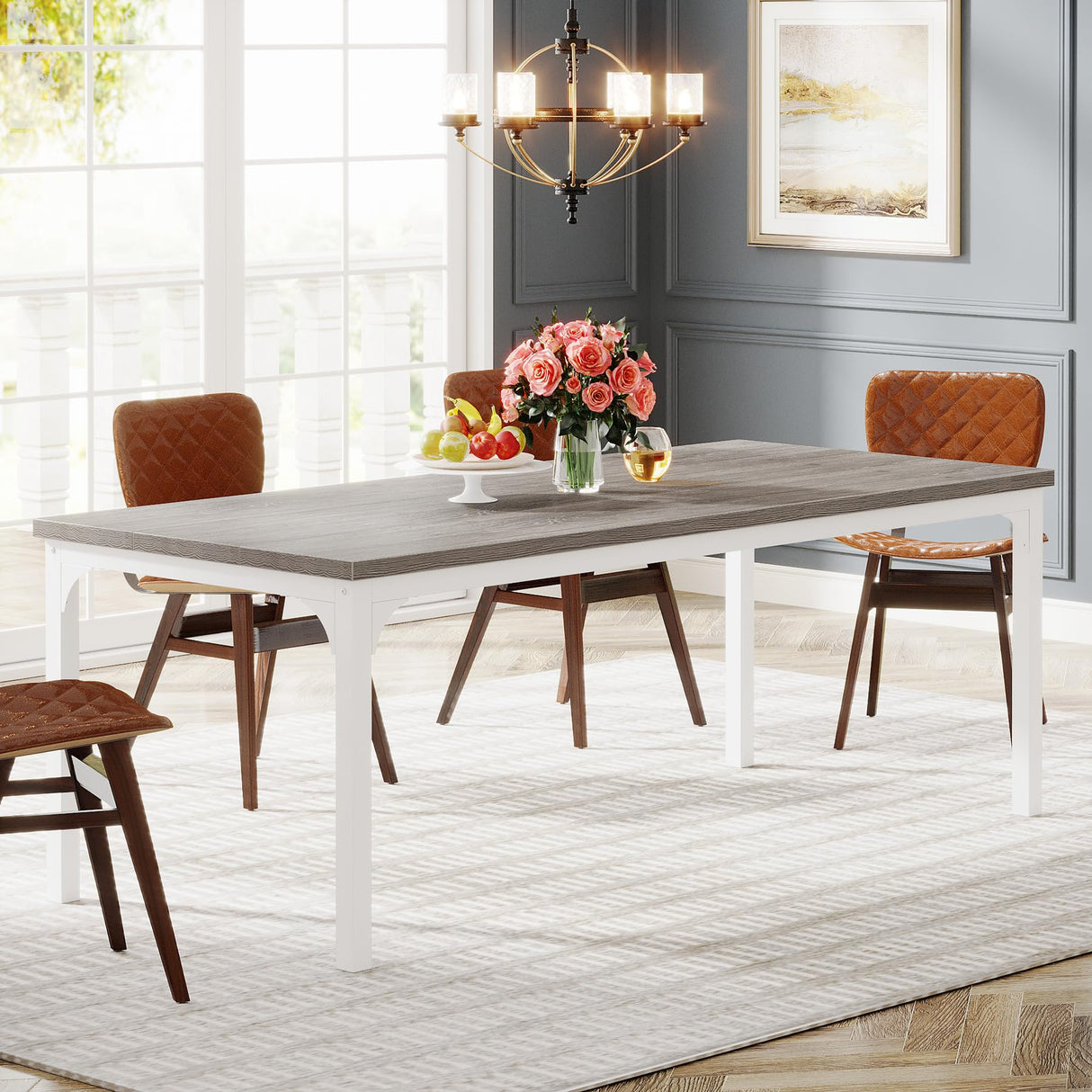 Tribesigns Farmhouse Dining Table for 6-8, 70.9 Inch Rectangular Wood Kitchen Table with Heavy Duty Metal Legs, Industrial Dinner Table for Dining Room, Living Room, Grey and White Tribesigns