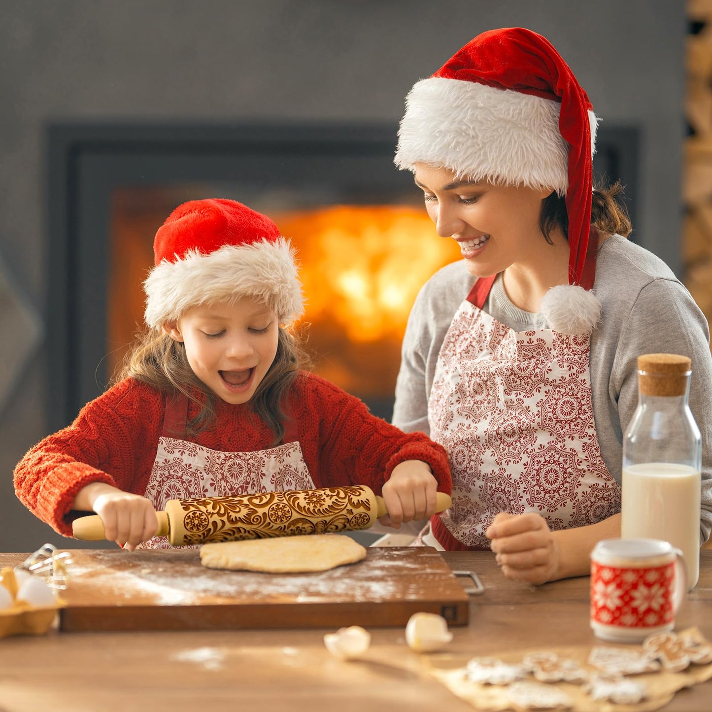 Embossed Wooden Rolling Pin with Carved Natural Wood and Snowflake Flower Pattern for New Year and Valentine's Day Baking. Cute Kitchen Tool for Kids and Adults to Emboss Cookies