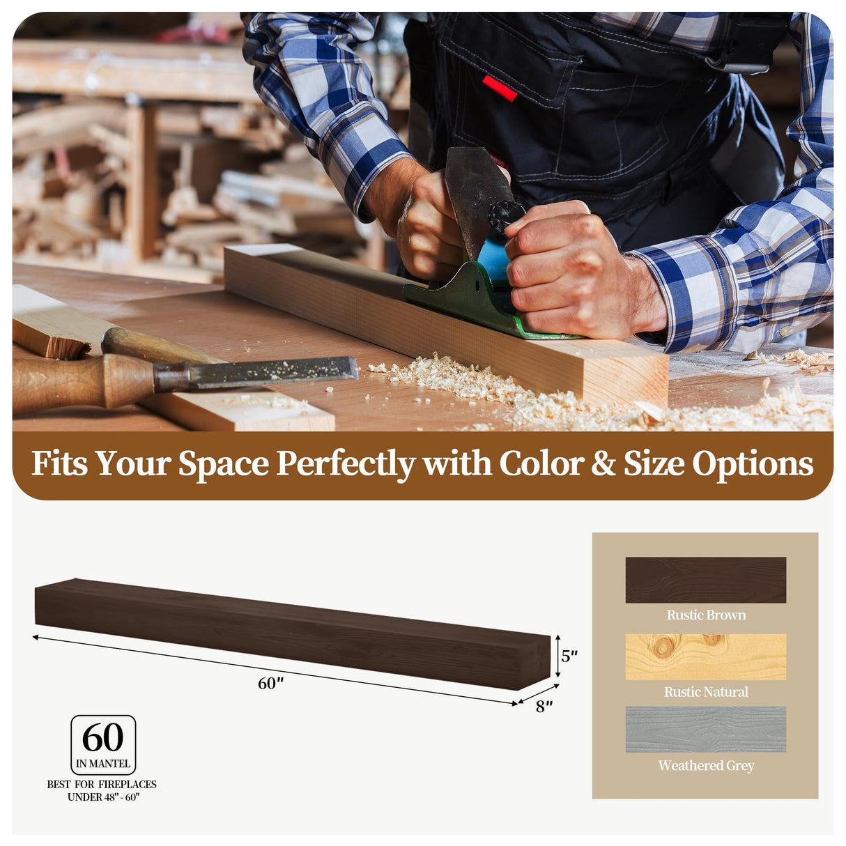 CRAFTEASE Fireplace Mantel 60 Inch Solid Wood Mantels for Over Fireplace 5" Thick Wall Mounted Shelves Long Floating Farmhouse Shelf Handcrafted Wooden Fireplace Mantle 60 X 8 X 5 - Rustic Brown CRAFTEASE