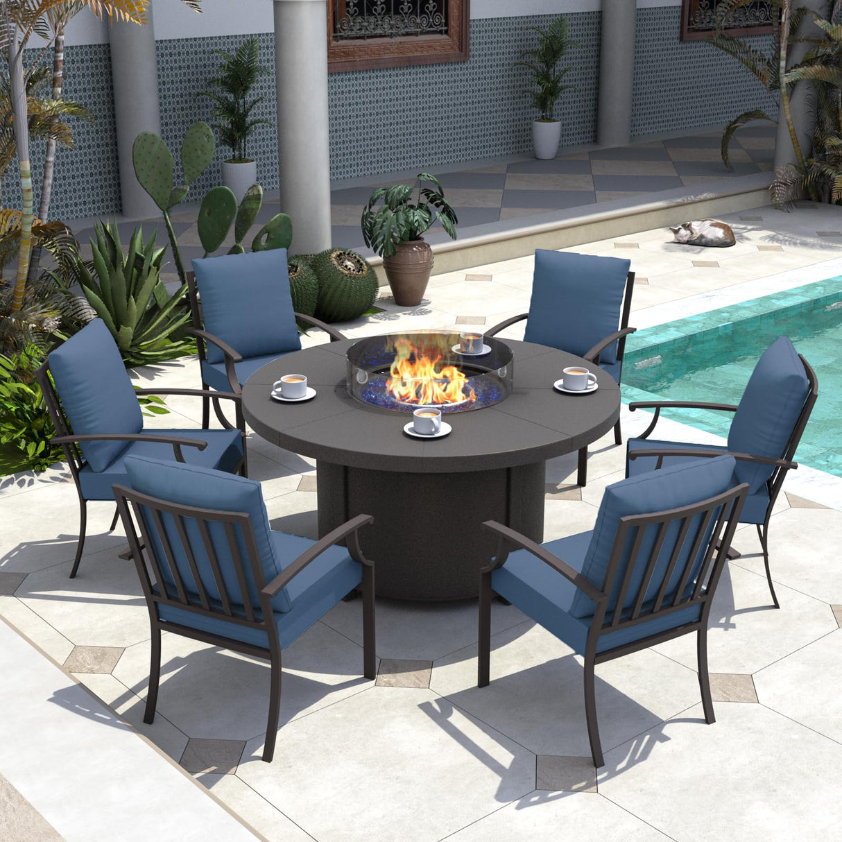Kurapika 7 Piece Metal Outdoor Patio Furniture Set with 48" Round Fire Pit Table, Patio Conversation Sets 6 Fixed Chairs with Thick Cushion and 40000 BTU Propane Fire Pit Table, Navy Blue Kurapika