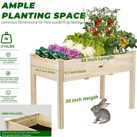 ZSYWODFO 48x24x30in Raised Garden Bed,Wooden Raised Garden Beds Outdoor,Elevated Wooden Planter Box with Legs for Backyard/Patio/Gardener,210lb Capacity-Natural ZSYWODFO