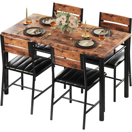 IRONCK Dining Table Set for 4, Wood Kitchen Table with Upholstered Chairs Dinning Table Set for Kitchen & Dining Room, Compact Dining Set for Small Spaces, Rustic Brown IRONCK