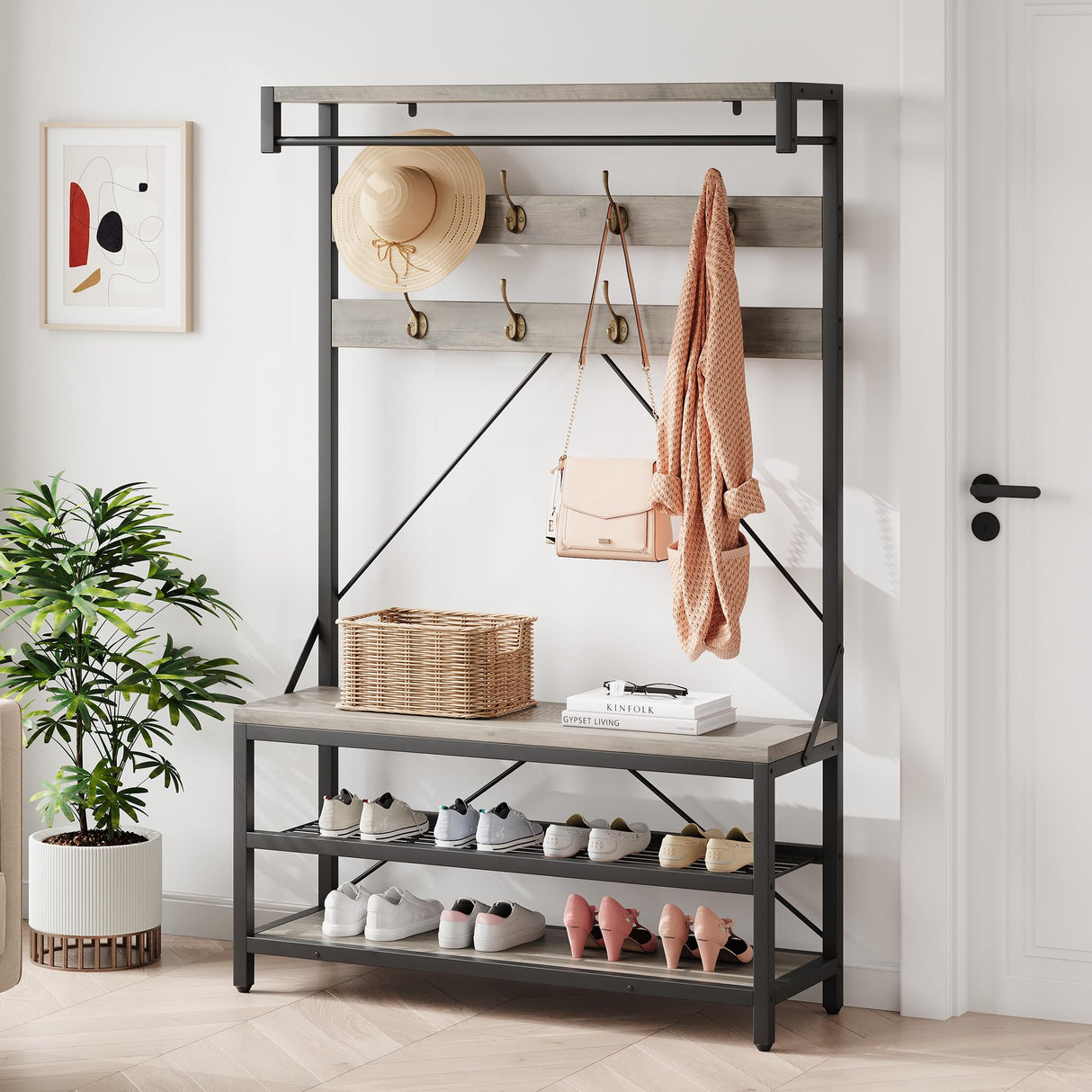 IDEALHOUSE Coat Rack Shoe Bench Industrial Hall Tree Storage Bench for Entryway Wood Look Accent Large Shoe Rack Bench with Storage Shelf Hanging Bar,8 Hooks Grey 39.9"x15.7"x72" IDEALHOUSE