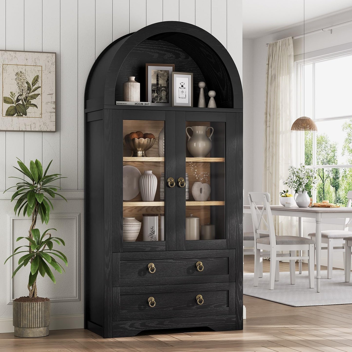 Kitchen Pantry Cabinet,Arched Cabinet,Pantry Cabinet, Arched Bookshelf/Bookcase,China Cabinet, 71“ Tall Pantry Storage Cabinet with Doors/Shelves/Drawers for Living Room, Kitchen, Dining Room,Black