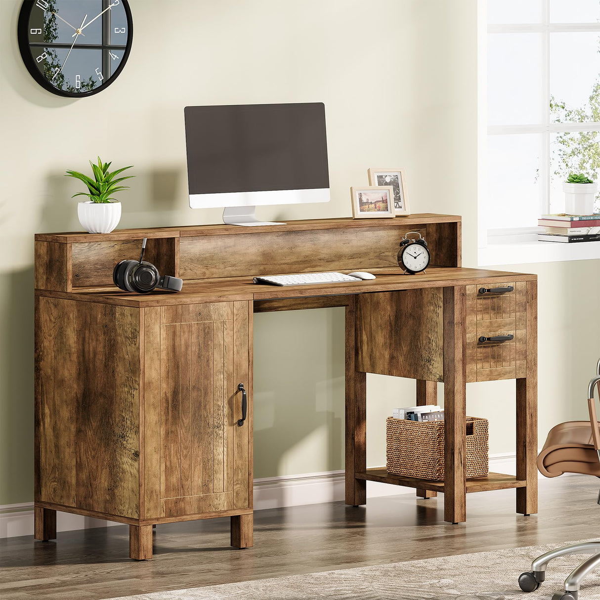 Tribesigns 55" Wood Executive Desk, Farmhouse Computer Desk with Drawers and Cabinet, Rustic Office Desk with Hutch and Storage Shelves, Large Study Writing Table for Home Office, Brown Tribesigns