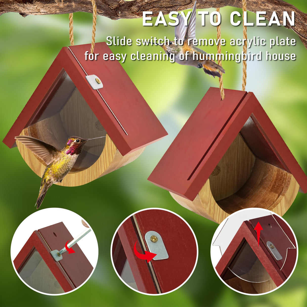 2 Pack Hummingbird House, Window View Wooden Bird Houses for Outside Hummingbird Houses for Nesting, Hanging Chickadee House for Indoor Outdoor with Hemp Ropes DFANG