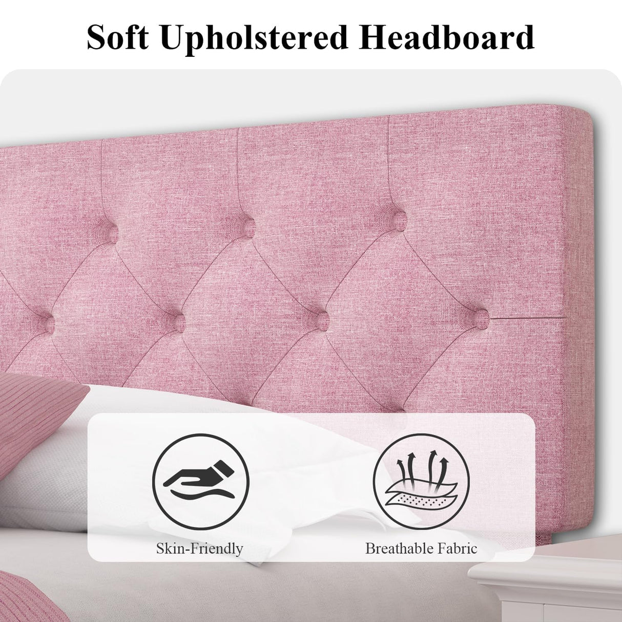 HOMBCK King Size Bed Frame and Headboard, Upholstered Bed Frame King Linen Fabric with Wood Slats, Button Tufted, No Box Spring Needed, Pink HOMBCK