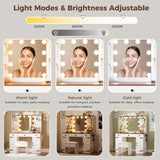 IRONCK Vanity Desk with Mirror and Lights, Farmhouse Makeup Vanity with Charging Station & Vanity Stool, Vanity Table with 3 Large Drawers and 2 Cabinets for Women Girls Bedroom, White IRONCK