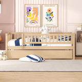 Harper & Bright Designs Twin Daybed with Trundle, Wood Twin Trundle Bed Frame with Fence Rails,Montessori Twin Bed for Kids Girls Boys Bedroom,Guest Room,Living Room,No Box Spring Needed,Natural Harper & Bright Designs